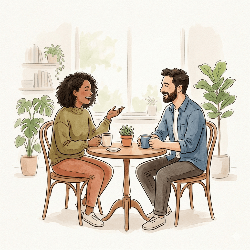Two people collaborating over coffee
